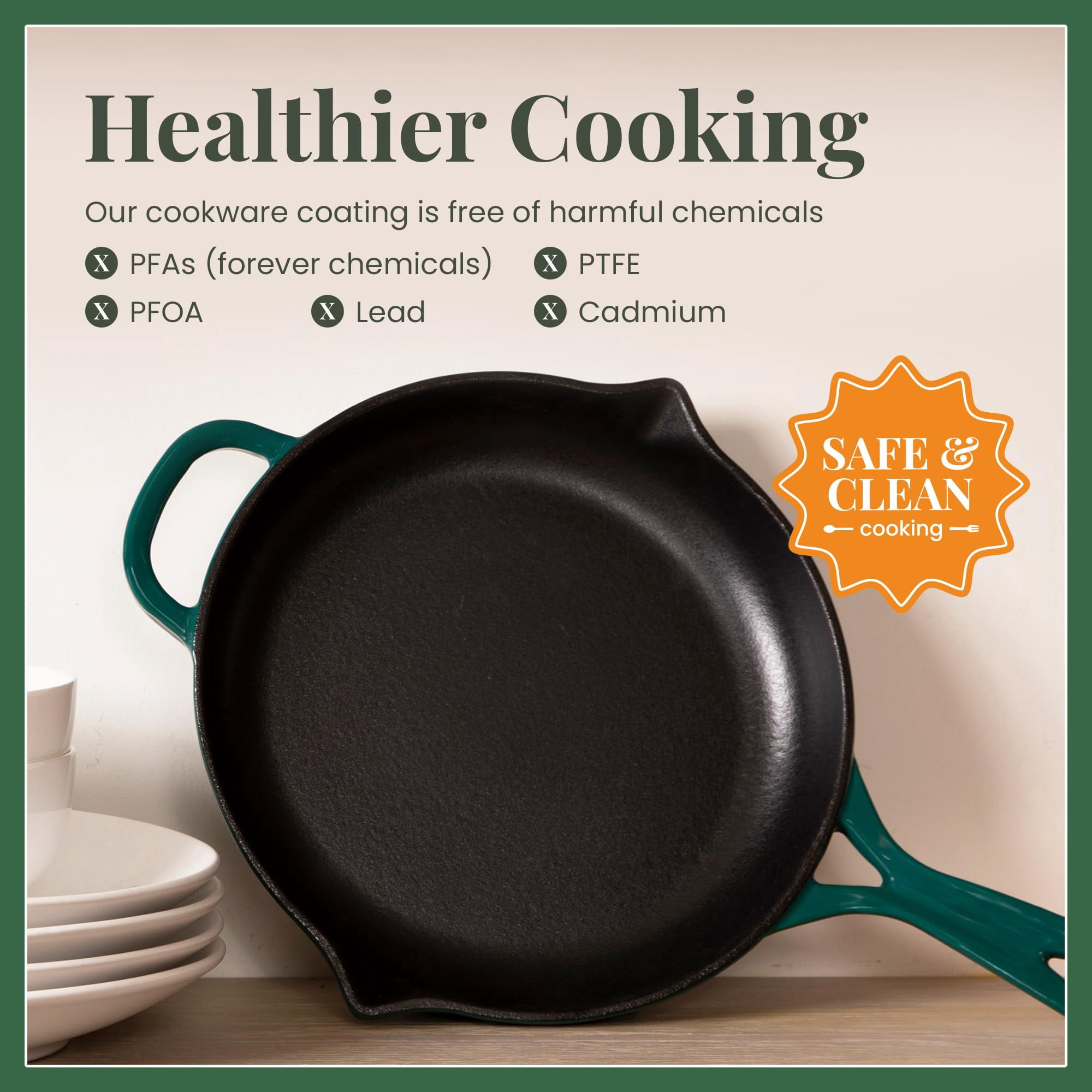 Larder & Vine 10 inch Enameled Cast Iron Frying Pan | Non Stick, Non Toxic, Oven Safe 500F