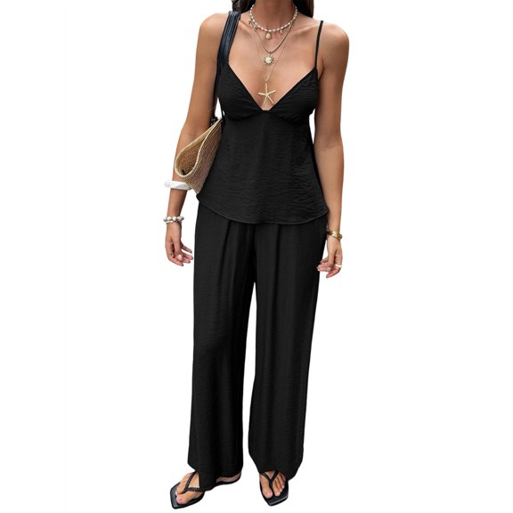 Women's Wide Leg Sets Deep Neck Camisole Tank Tops Matching 2 Piece Set Pants Outfit Top Black S