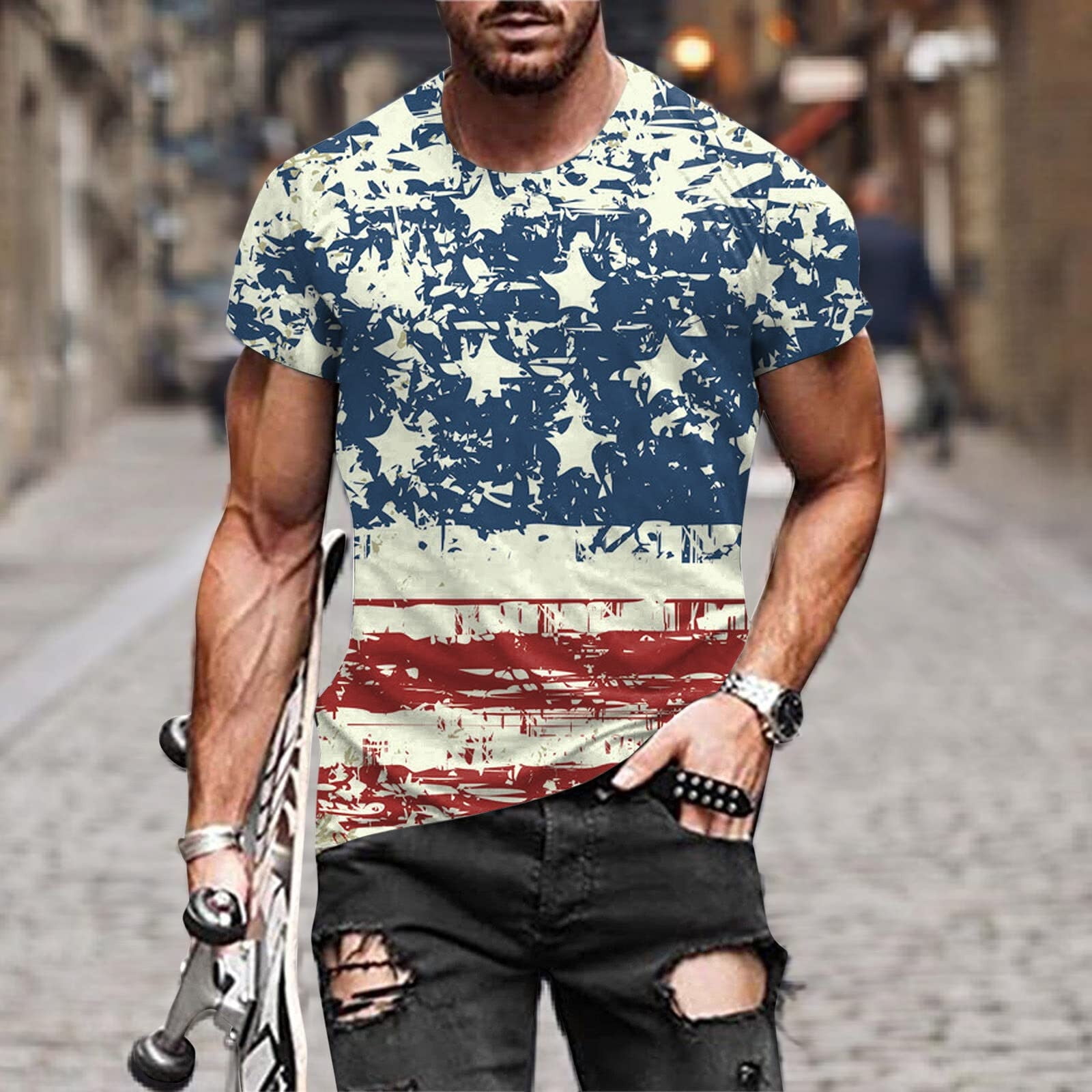 Mens July 4th American Flag T-Shirt Stars N Stripes Tee Shirt Patriotic Vintage Shirts Hipster Short Sleeve 