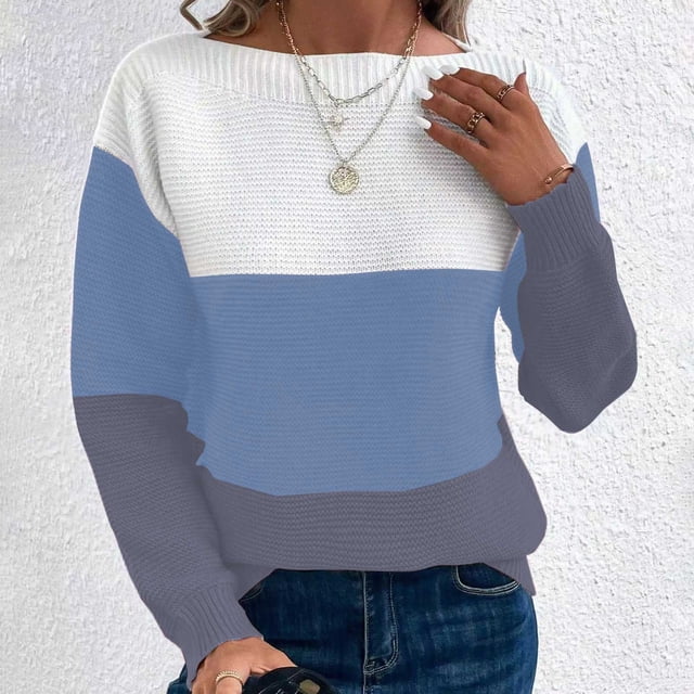Suéter de cuello redondo para mujer, suéter de punto con empalme de color en contraste, cuello redondo, manga larga, blusa para mujer