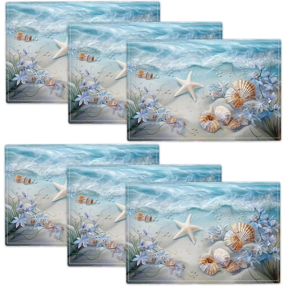 Beach Seashell Placemats Set of 6, 12x18 Inch Summer Coastal Table Place Mat Starfish Washable Non-Slip Heat Resistant Fabric Placement Mats for Dining Kitchen Indoor Outdoor Decor