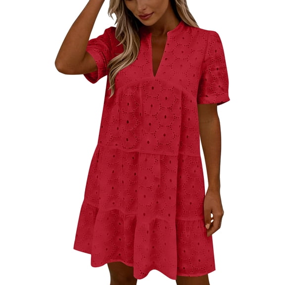 Fashion Oversize Beach Dresses for Womens 2026 Summer Solid Short Sleeve V-Neck Lace Lightweight Maxi Wedding Guest Dresses