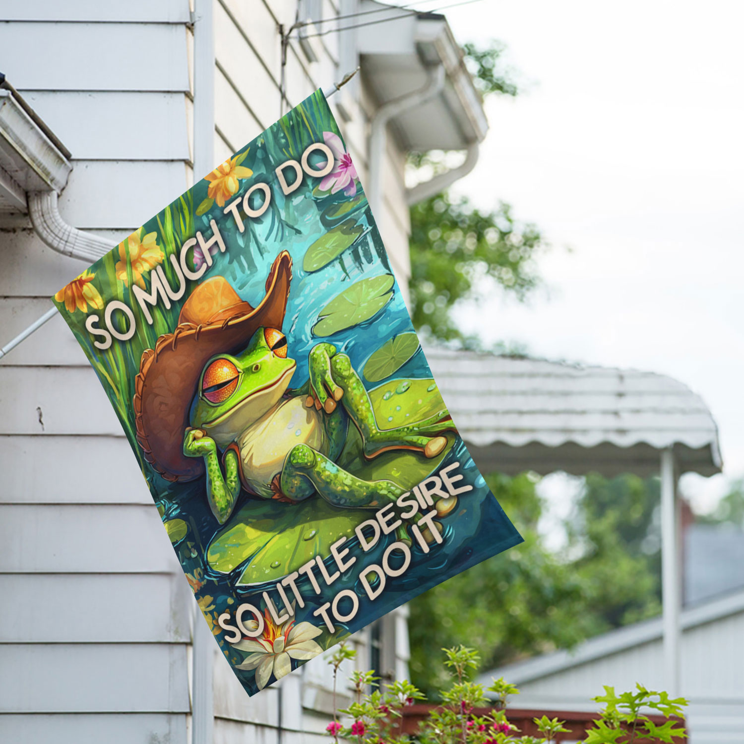 America Forever So Much To Do Frog House Flag, 28 x 40 inch Double Sided, Funny Frog Cowboy Hat Sunglasses Lily Pad, Humor Motivational Quote Outdoor Decor Flag