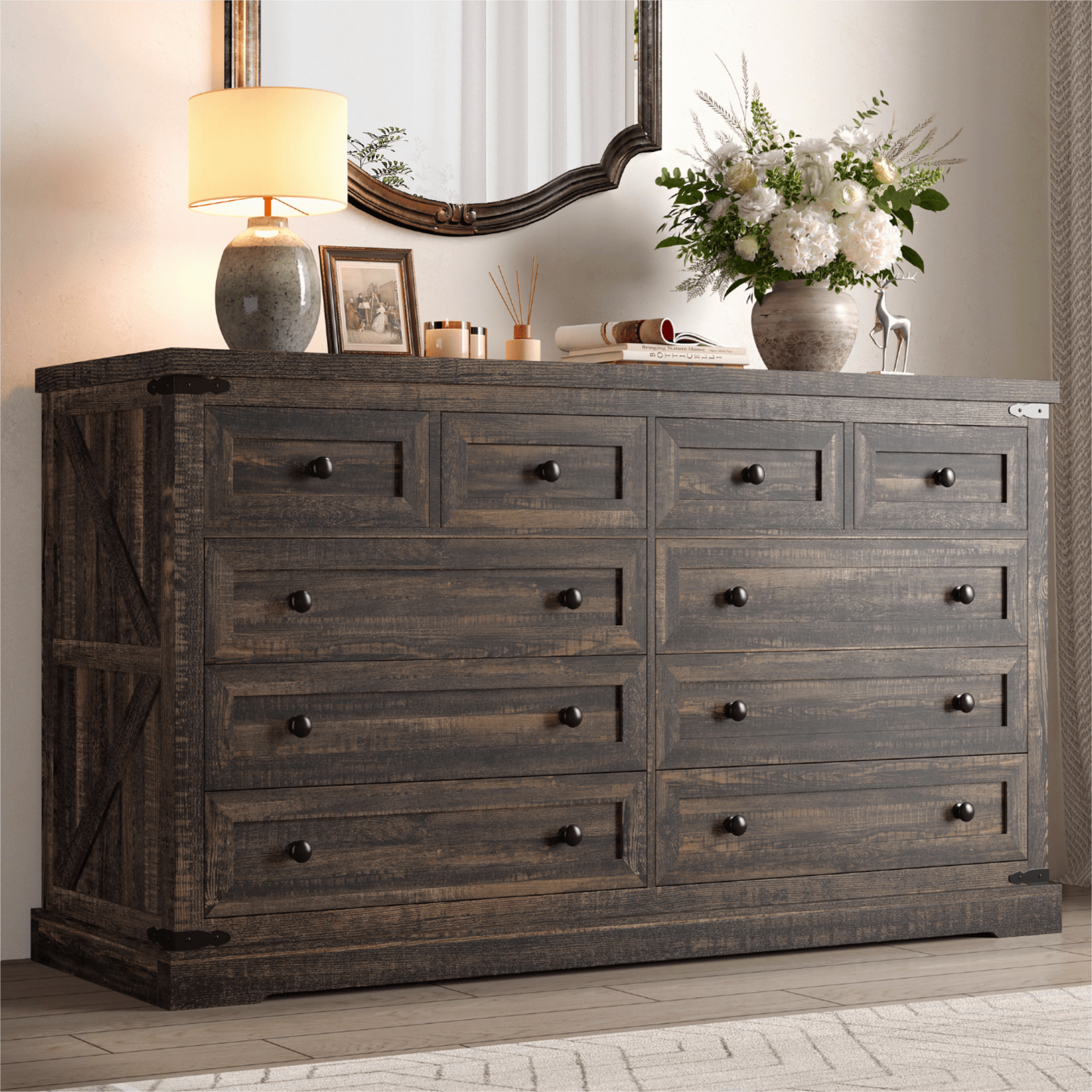 EnHomee 10 Drawers Wood Dresser for Bedroom Furniture 55" Wide Dressers & Chests of Drawers with 10 Deep Drawers, Dark Rustic Oak