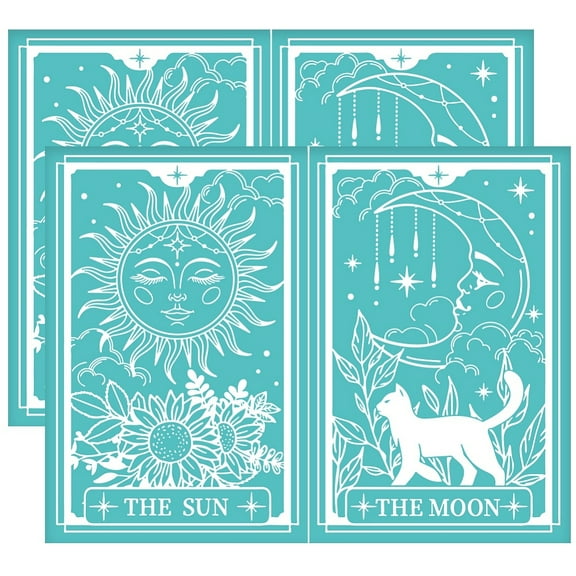 2 pc 11x8.6 inch 2pcs Tarot Theme Stencils Self-Adhesive Silk Screen Printing Stencils The Sun The Moon Silkscreen Stencils Tarot Card Reusable Mesh Transfer for Painting on Wood T-Shirts Bags