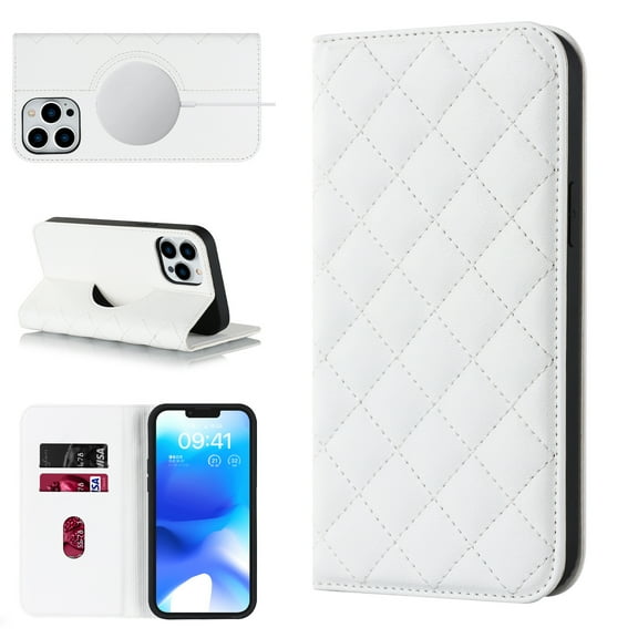 Mantto Flip Wallet Case for iPhone 13 Pro,Compatible with MagSafe Charging,Cover with RFID Blocking Card Holder,Fashion PU Leather Magnetic Closure Folio Flip Stand Shockproof Phone Case,White