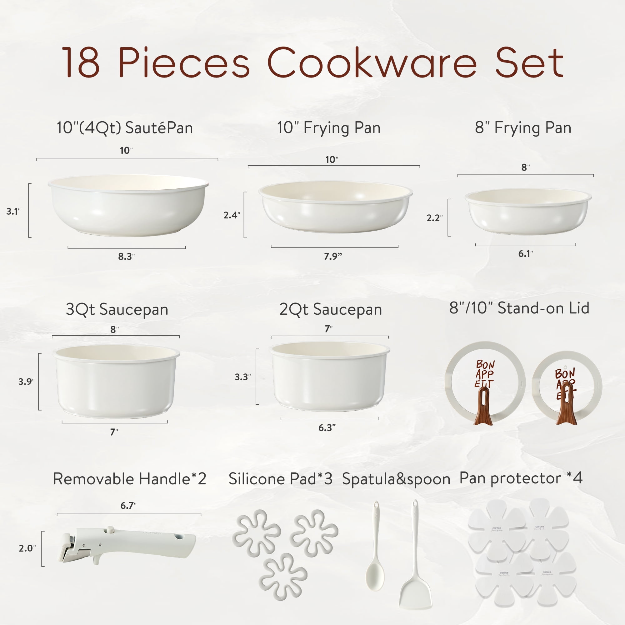 Carote 18 Pcs Ceramic Nonstick Cookware Set, Pots and Pans with Detachable Handles, Oven/Dishwasher Safe, Stackable Kitchen Cooking Set, White