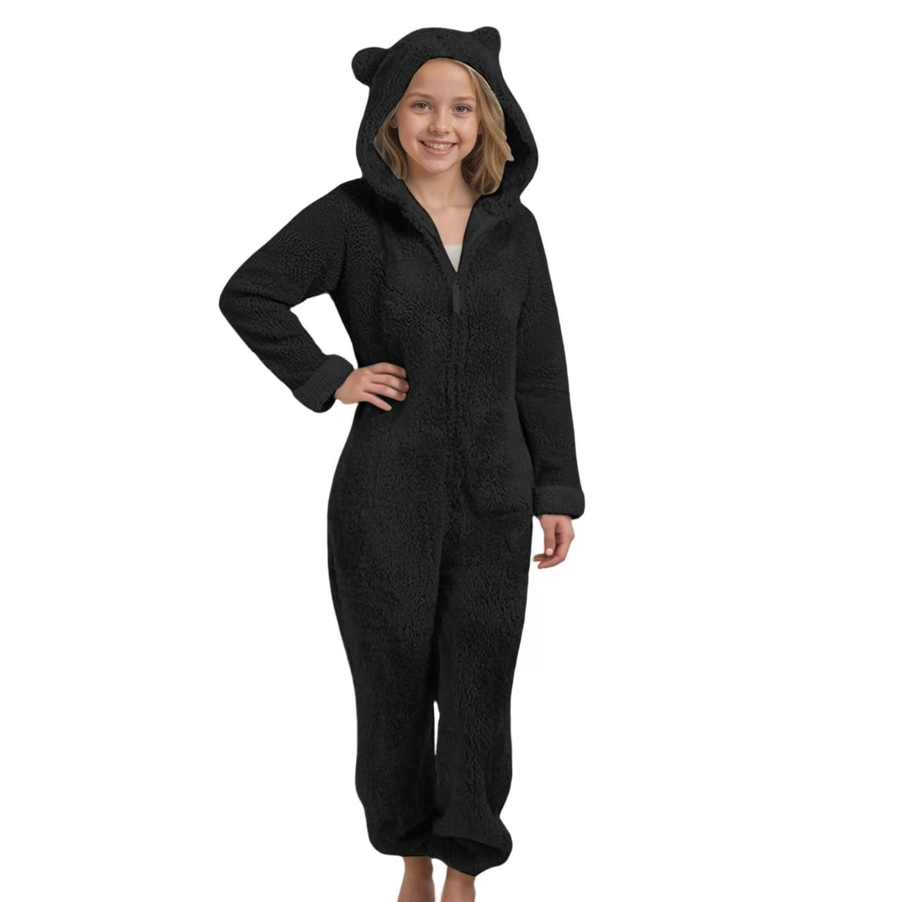 Otqutp Girls Fleece Onesie Fleece Warm Sherpa Bed Jumpsuit Kids Cute Plain Zip up Long Sleeve Soft Hooded Romper for Winter