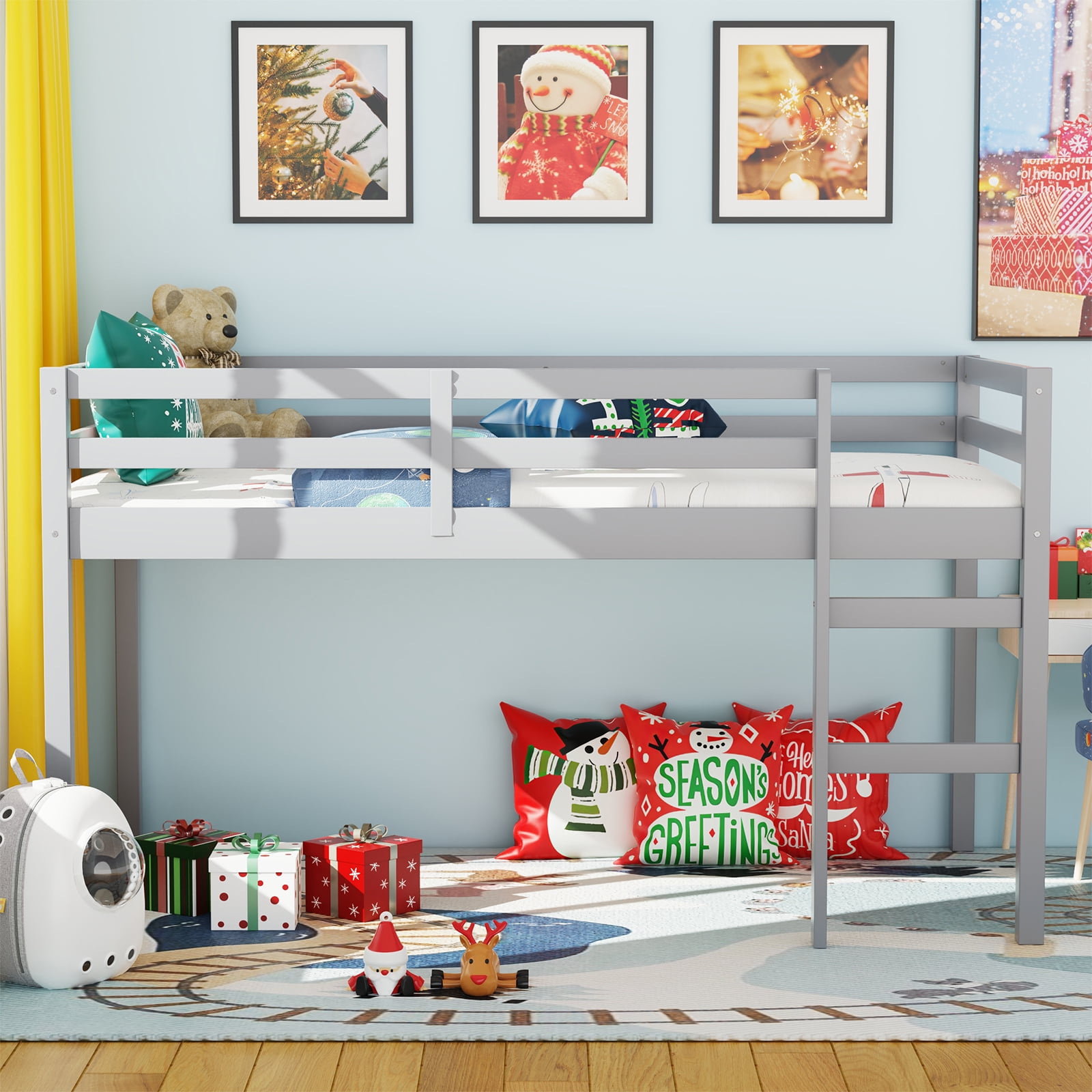 Miniyam Wood Twin Size Loft Bed for Kids, Space-Saving Design, Gray