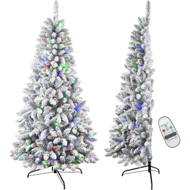 Alupssuc 6ft Half Prelit Snow Flocked Artificial Christmas Tree with Remote Control,Timer, and 190 Multi-Colored LED Changing Lights, 453 Full Snow Branch Tips for Home, Office, Party Decoration, 6 FT