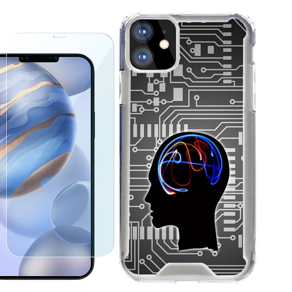 For Apple iPhone 12 Case, iPhone 12 Pro Case, Hybrid Bumper Phone case, with Tempered Glass Screen Protector, by OneToughShield ® - Electric Brain