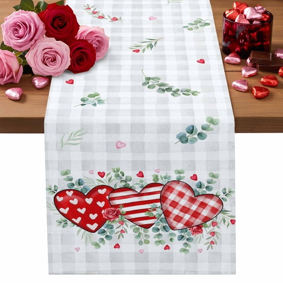 Valentine's Day Cotton Linen Table Runner Red Stripe Plaid Love Green Leaf Grey Plaid Dining Table Runners for Home Decor Party Dining Room Restaurant Kitchen Party 13" x 36"