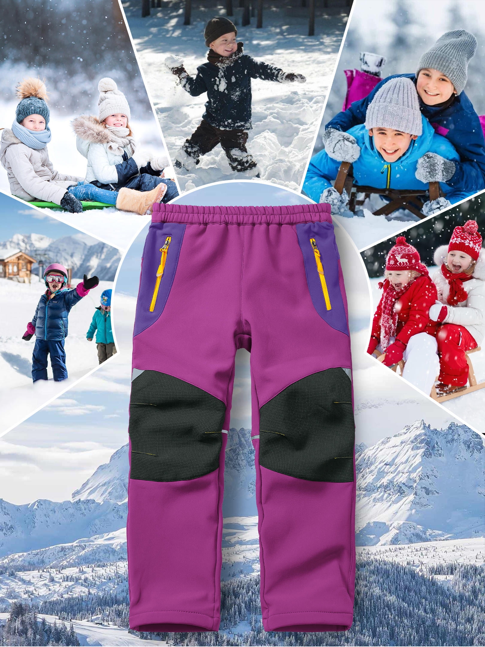POENTAB Girls Boys Snow Ski Pants Outdoor Waterproof Windproof Fleece Warm Snowboard Pant For Winter Outdoor Wear Rose Red Size 11-13