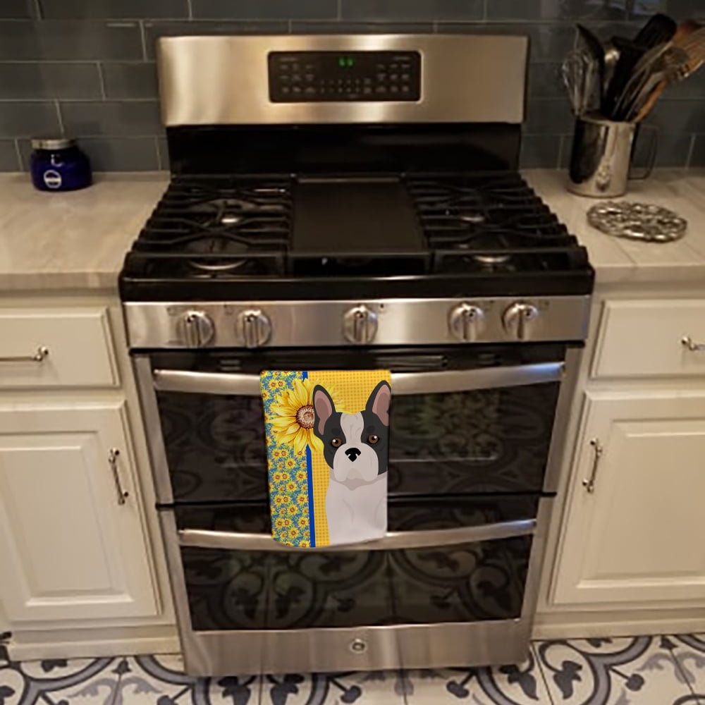 Summer Sunflowers Black and White French Bulldog Kitchen Towel