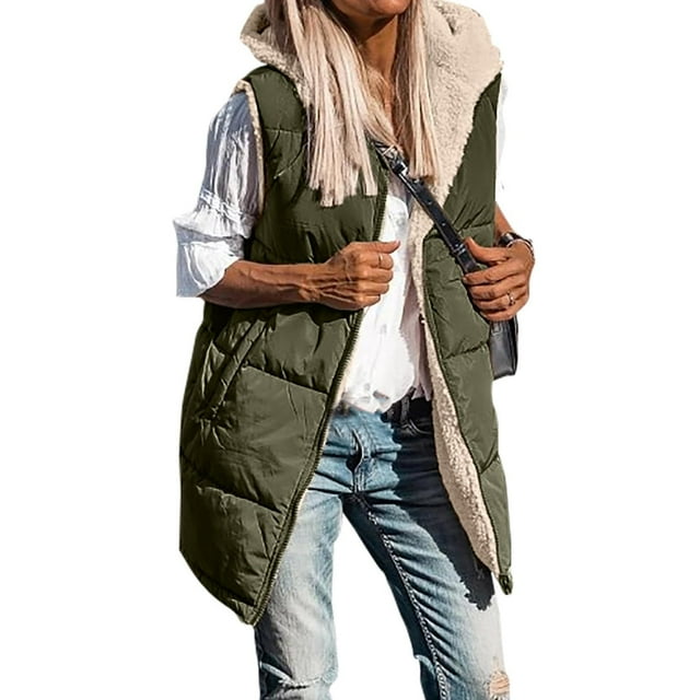DPTALR Gilet d'Hiver Décontracté pour Femmes avec Poches Zippées en Peluche Réversible Long Manteau en Coton