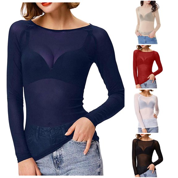 xfsWaSs Womens Mesh Tops Long Sleeve Shirts Crewneck Slim Fitted Tshirts See Through Blouses Fall Clothes Going Out Top