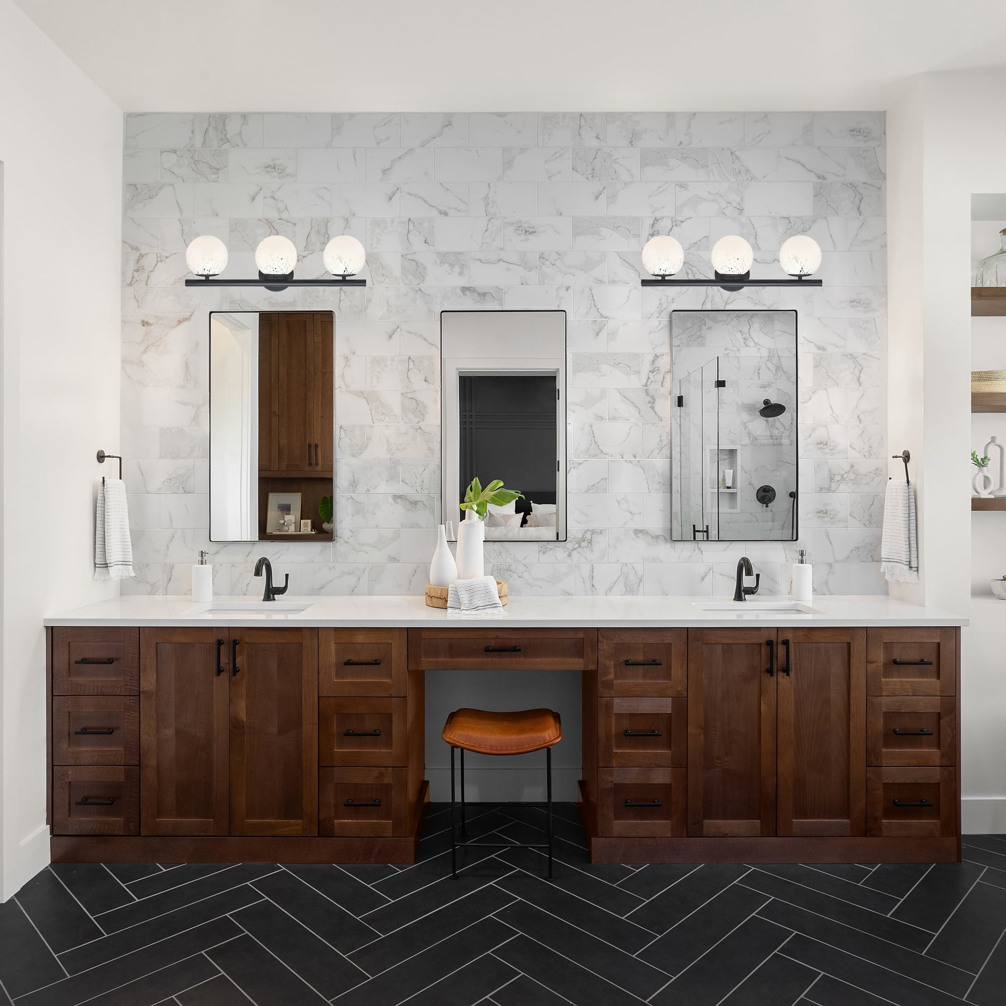 Designers Fountain Crown Heights 25 inch 3-Light Matte Black Bathroom Vanity Light Fixture with White Art Glass Shades, D252C-3B-AG-MB