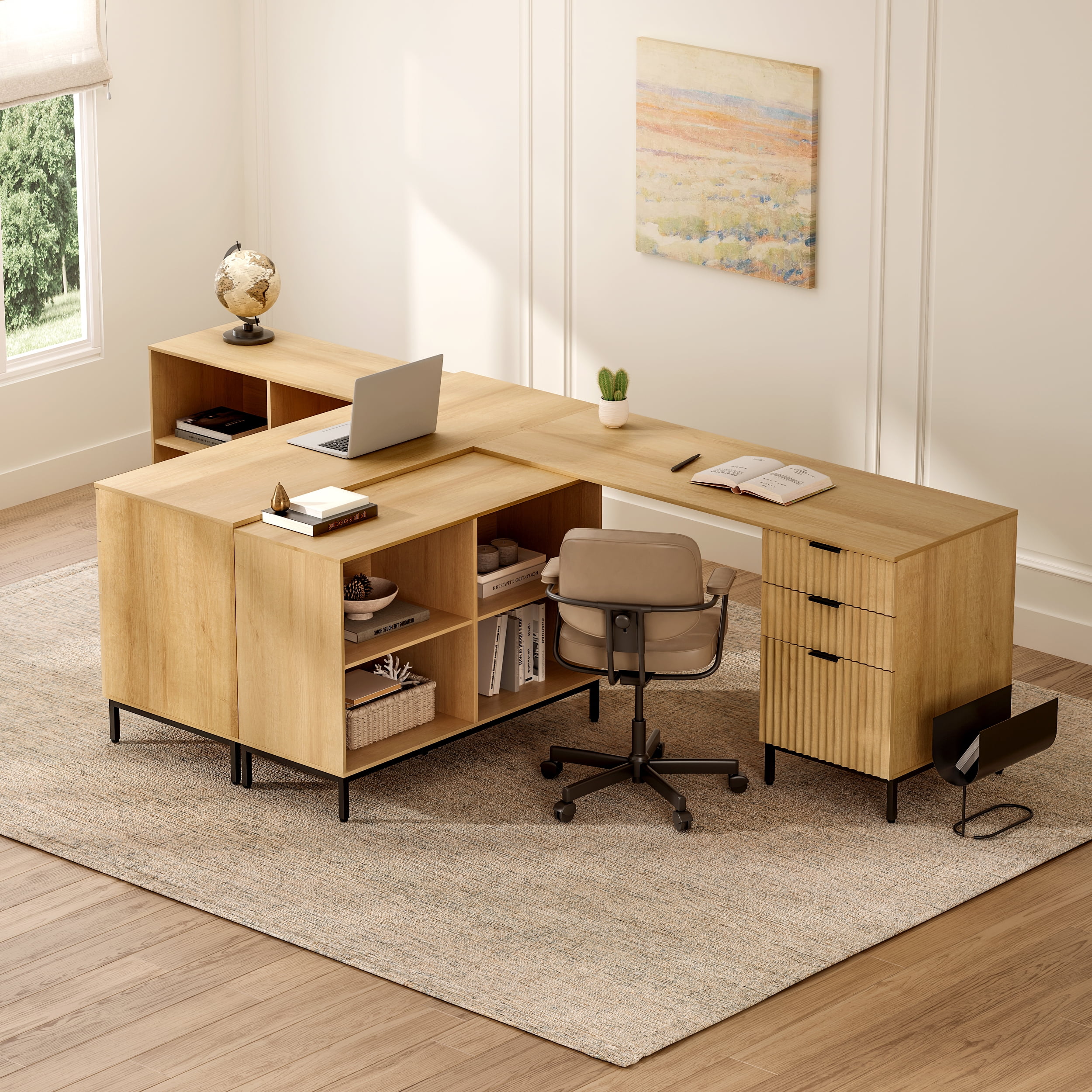 Joyyskill 60" Fluted Executive Desk L Shaped, Computer Desk with Movable Storage Cabinet Home Office Desk with 3 Drawers Metal Legs Corner Desk for Gaming Study, Natural Oak