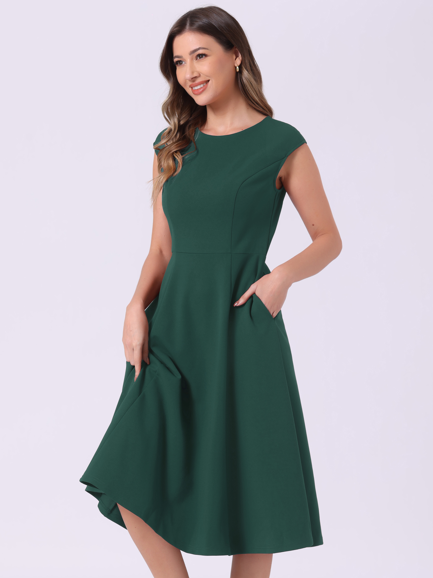 DARING DIVA Work Office Dress Cap Sleeve A-Line Dress M Gray Green