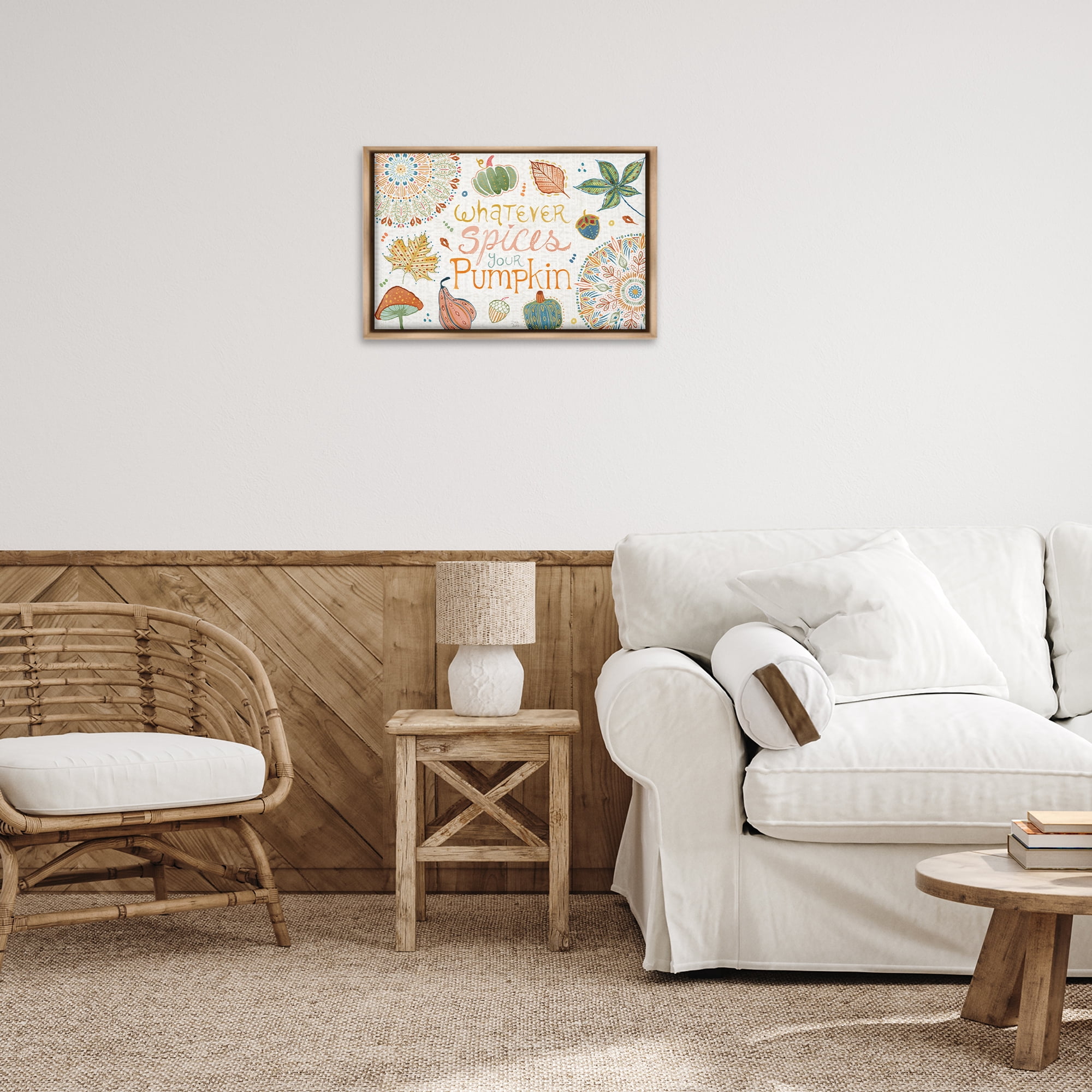 Stupell Industries Whatever Spices Your Pumpkin Holiday Painting Brown Floater Framed Canvas Art Prints Wall Art, 25 x 17