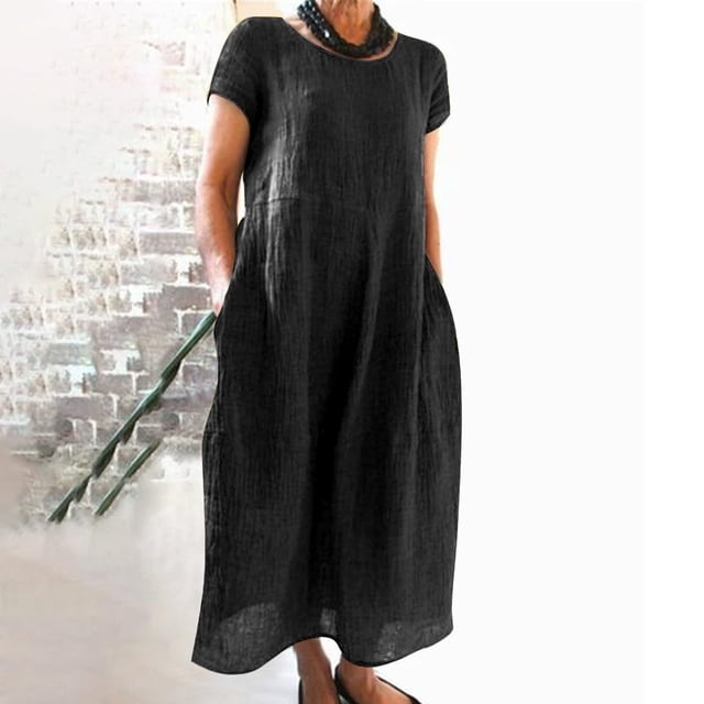 Puntoco Vestido De Bolsillo De Manga Corta De Color Sólido Con Cuello Redondo De Color Sólido Para Mujer Negro Xl,Regalos Para Mujer Joven