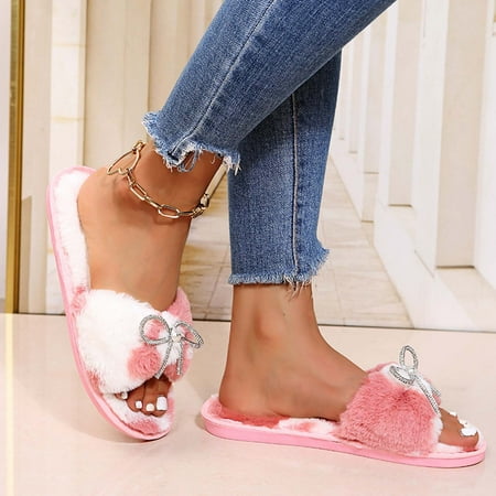 

Women Wear Colored Flat Bottomed Open Toed Home Warm And Easy To Wear Cotton Slippers