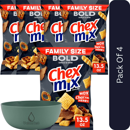 Chex Mix Bold Garlic & Herb Snack Mix, Family Size, 13.5 oz-4pk, With Olive Green Bowl By ValueNest