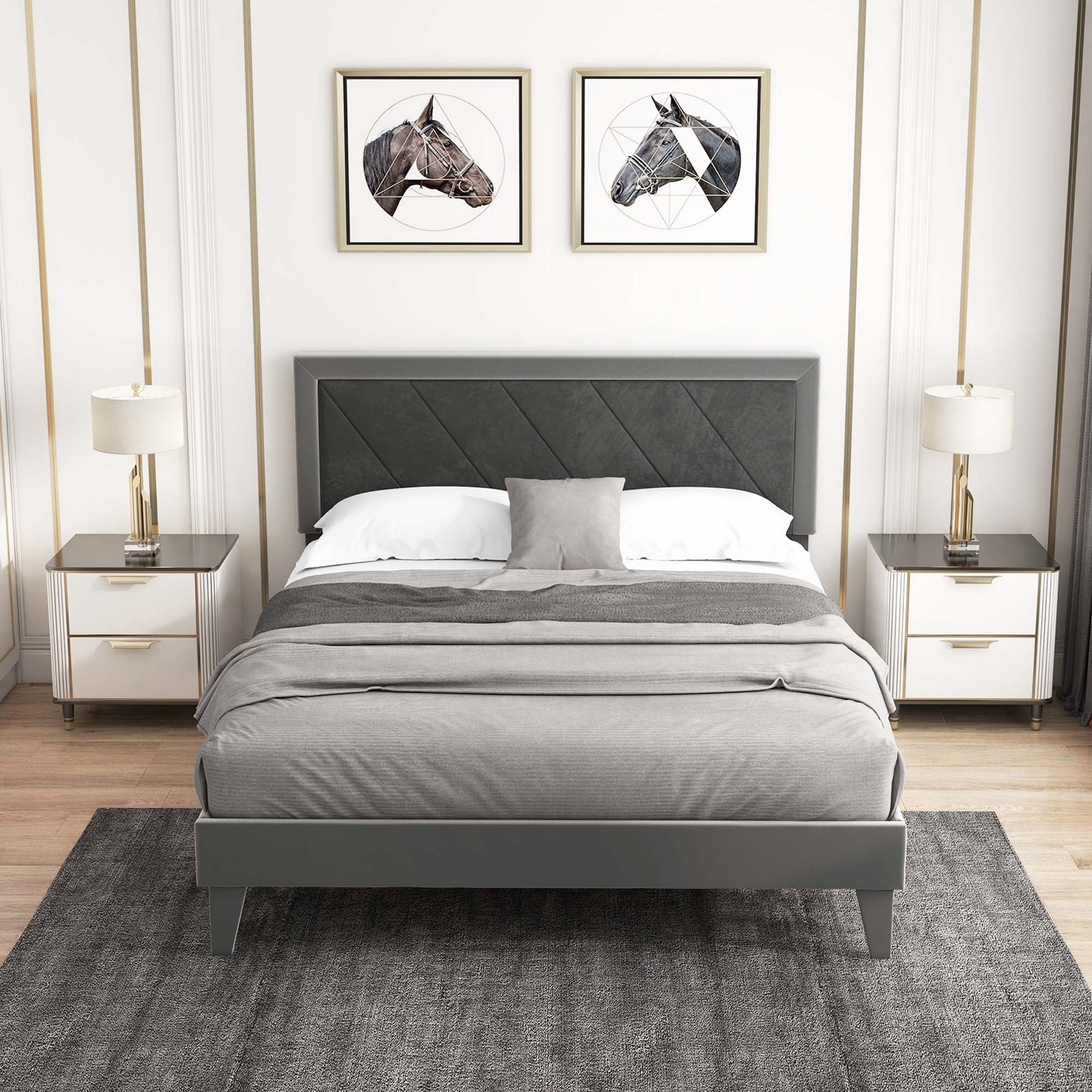 Costway Queen Size Bed Frame Upholstered Platform Velvet Headboard Wooden Slats Gray