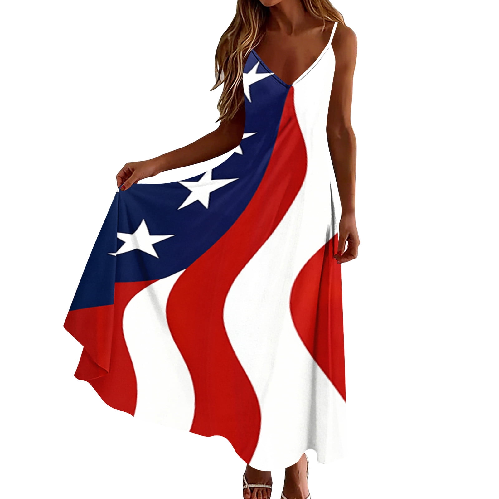 Plus Size Women 4th of July Sleeveless Dress Patriotic V Neck Maxi Dresses Spaghetti Strap Beach Long Dresses