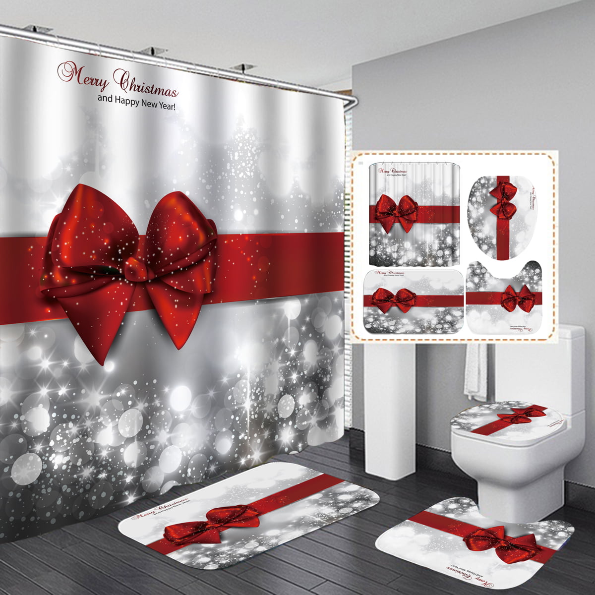 180x180cm Silver Shower Curtain Christmas Red Bow Knot