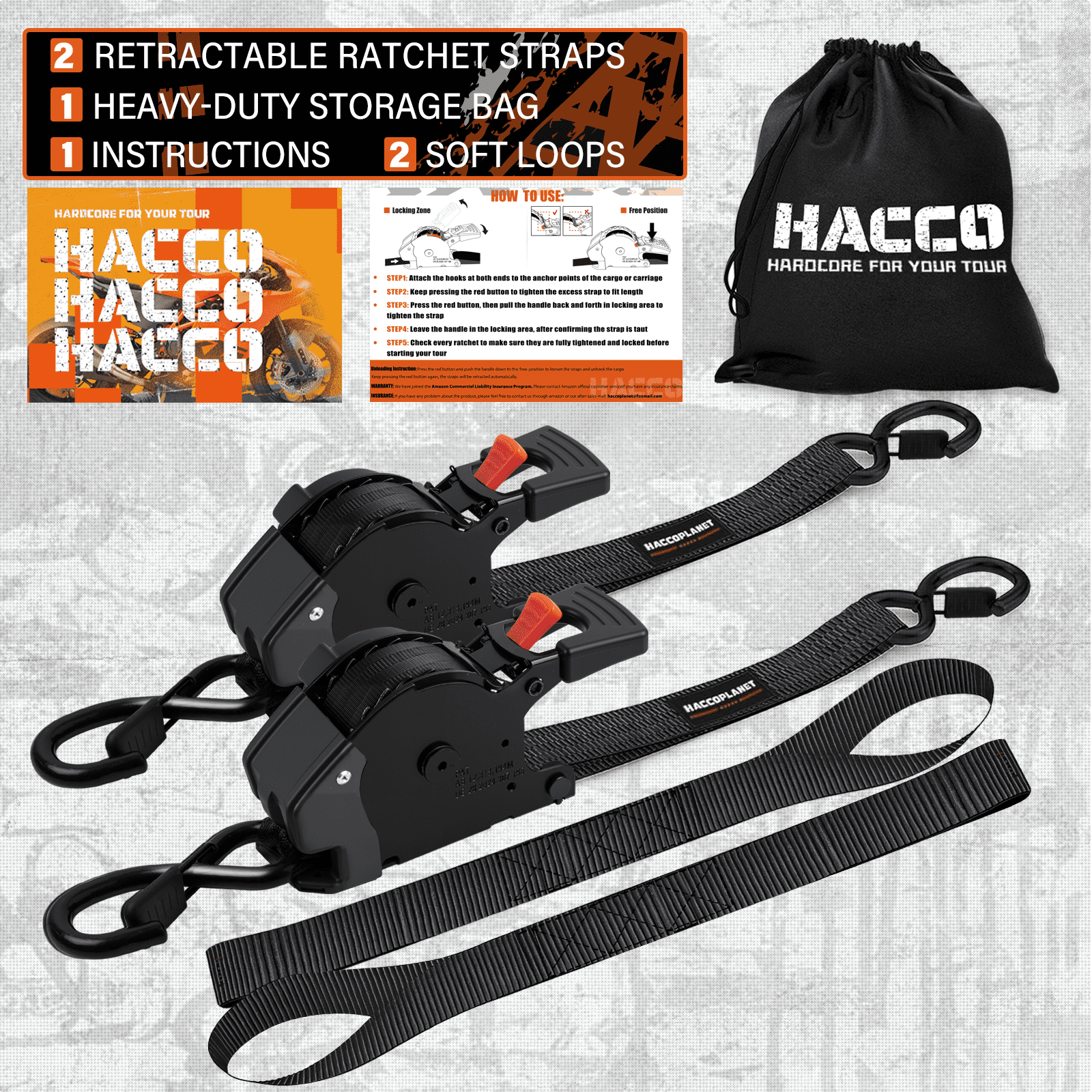 2 Pack 1" x 15' Retractable Ratchet Straps 1763lbs Break Strength w/ Soft loops Auto Ratchet Tie Down Straps Set for Truck ATV Trailer