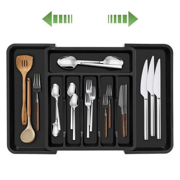 VUSIGN Silverware Drawer Organizer, Expandable Utensil Tray for Kitchen,Adjustable Plastic Storage for Spoons Forks Knives, Large, Black