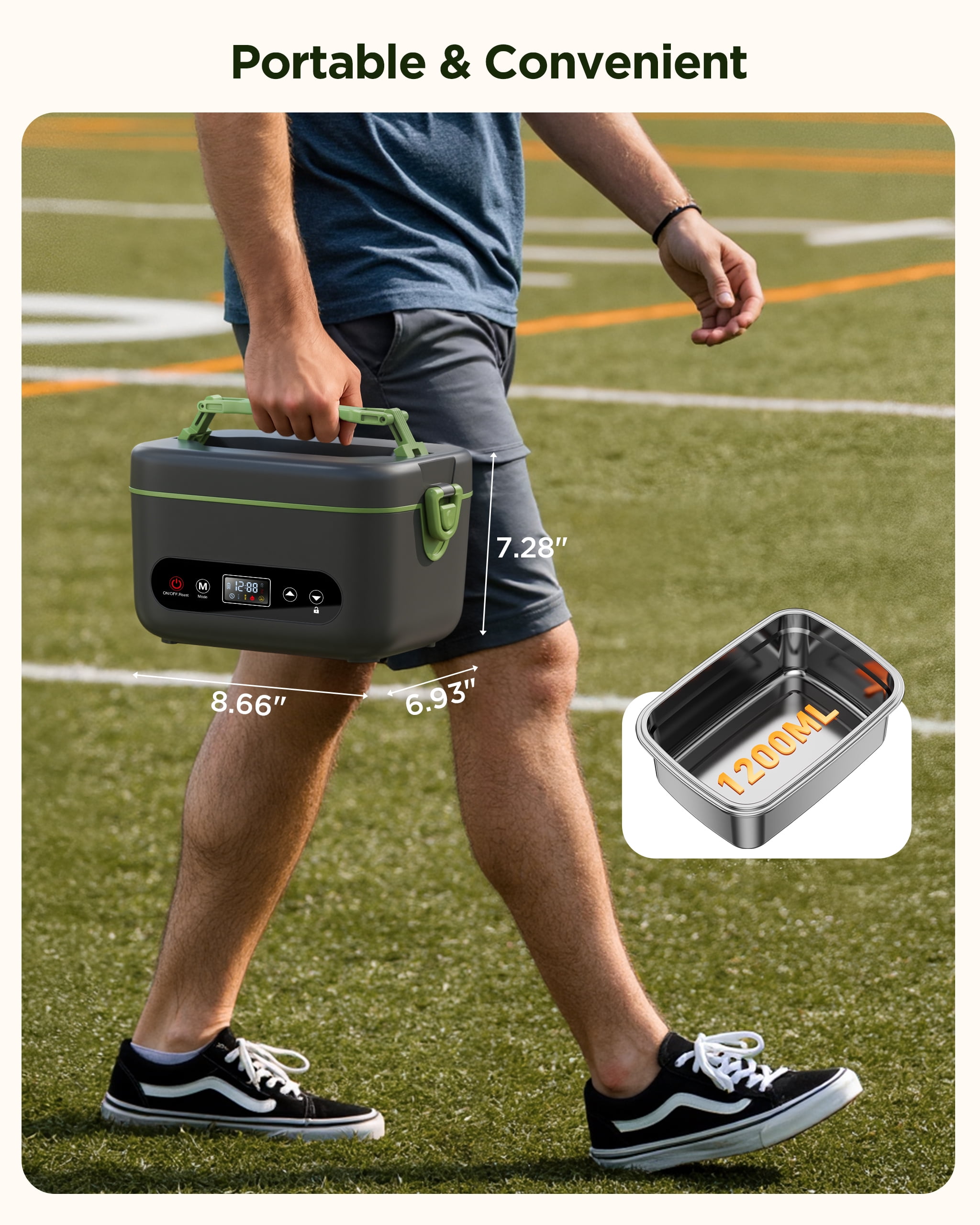 Cordless Electric Lunch Box for Adults,Battery Powered with Multi-Speed Adjustable Heating,1.2L Portable Food Warmer with Insulated Bag & Cutlery (Gray)