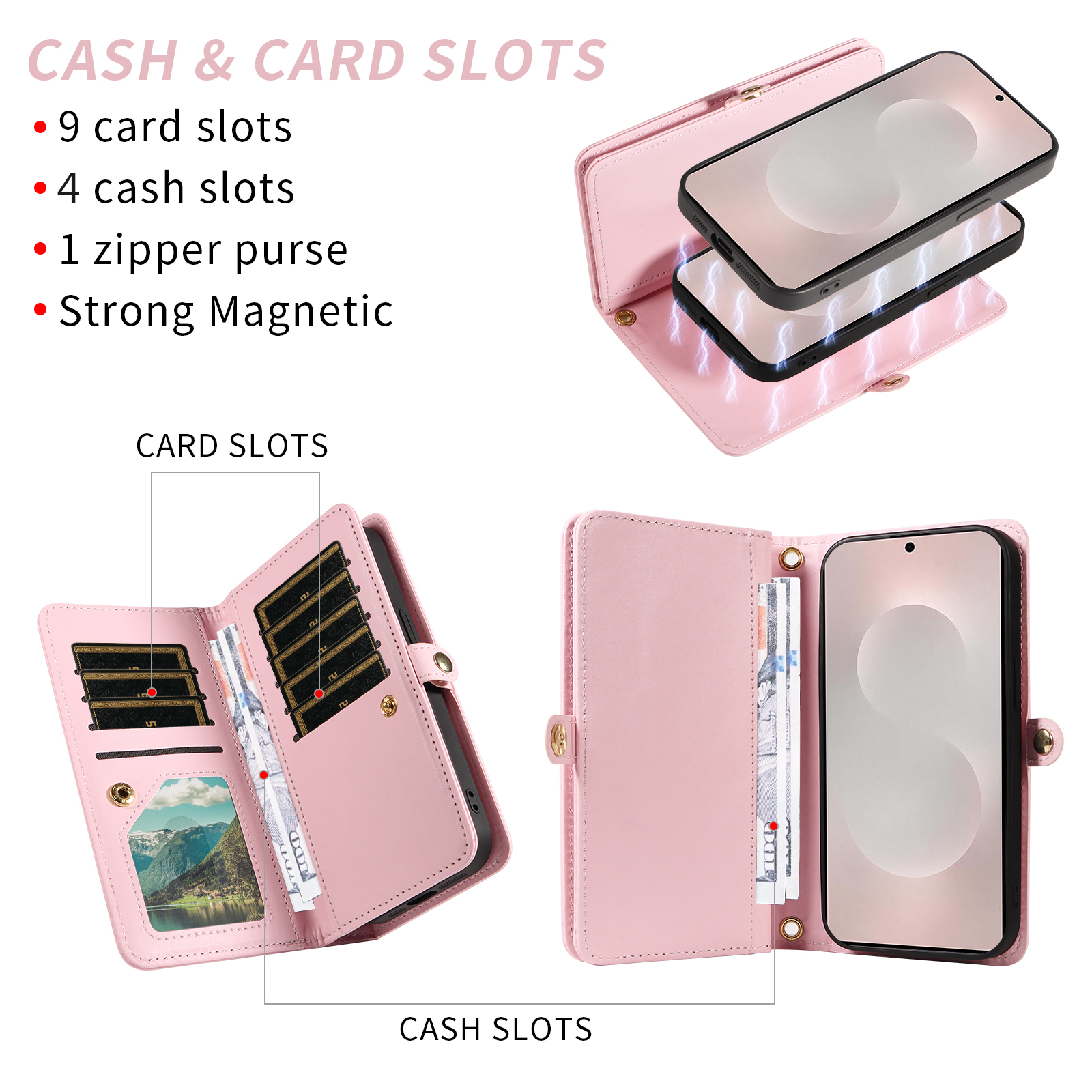 Asuwish Phone Case for Samsung Galaxy S25 Edge 5G Zipper Wallet Detachable Cell Cover with Tempered Glass Screen Protector Crossbody Lanyard Strap Bling Glitter Flip Card Holder Slot S25Edge Pink