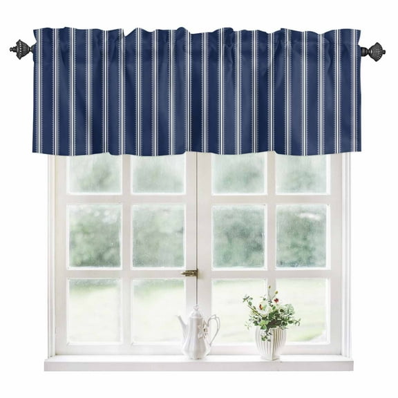 Navy Blue Striped Kitchen Valances for Windows 42x12 Inch Kitchen Curtains Valances Rod Pocket Navy Blue White Farmhouse Stripes Bathroom Window Valances for Window Treatment Decor