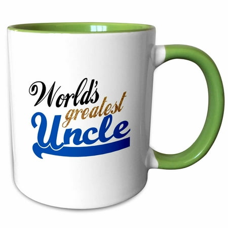 3dRose Worlds Greatest Uncle - blue and gold text - Family relative gifts for relations or honorary uncles - Two Tone Green Mug, 11-ounce