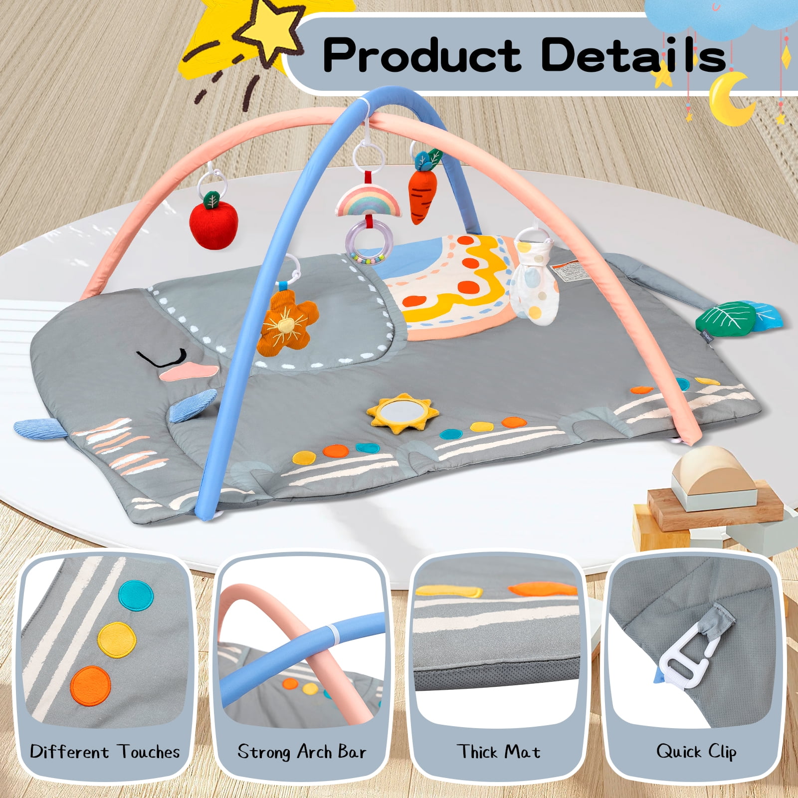 BEINGMATE Care Baby Play Gym Tummy Time Mat, Oversize Elephant Activity Mat with 6 Detachable Toys, Promote Motor Skills & Sensory Development Mat, Newborn Infant Baby Essentials Gift