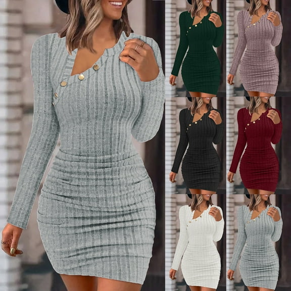 Oksale Slim Fit Dress for Women Sexy Asymmetrical Neck Dresses Long Sleeve Mini Dress Evening Party Dress Soft Cozy Lightweight Dresses 2025 Army Green XXL