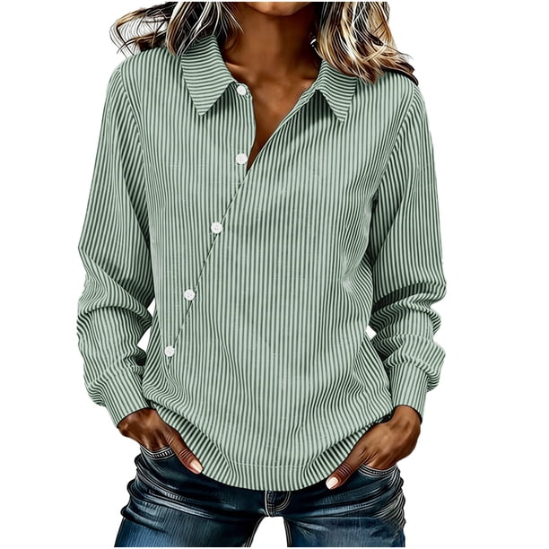Camiseta de Solapa de Rayas Sueltas de Manga Larga de las Mujeres con Botón de Cuerda Elástica, Malla Estilo Superior