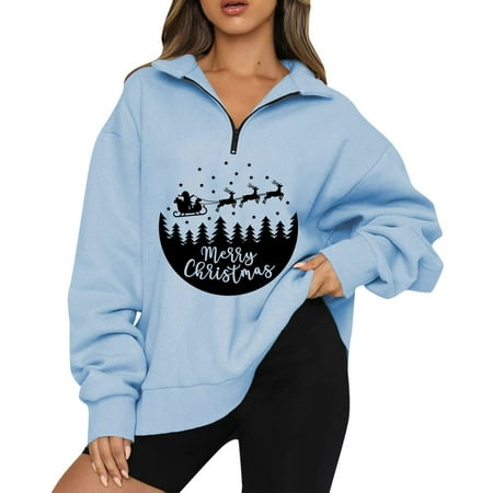 

jsaierl Christmas Sweatshirt Women 1/4 Zip Long Sleeve Merry Christmas Print Top Funny Crewneck Sweatshirt Dressy Casual Pullover Christmas Gifts for Teen Girls