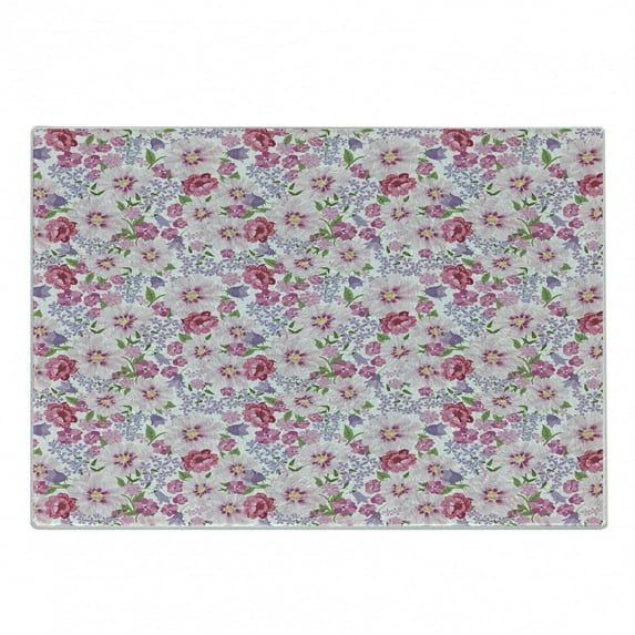 Watercolor Cutting Board, Blossoming Field in Graceful Spring Theme Fresh Carnation Poppy Peony, Decorative Tempered Glass Cutting and Serving Board, Small Size, Lavender Pink Green, by Ambesonne