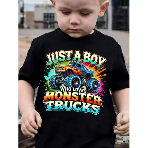 Just A Boy Who Loves Monster Trucks Print Boy's T-shirt, Lightweight And Comfortable Short Sleeve T-shirt, Boy's Summer Clothing