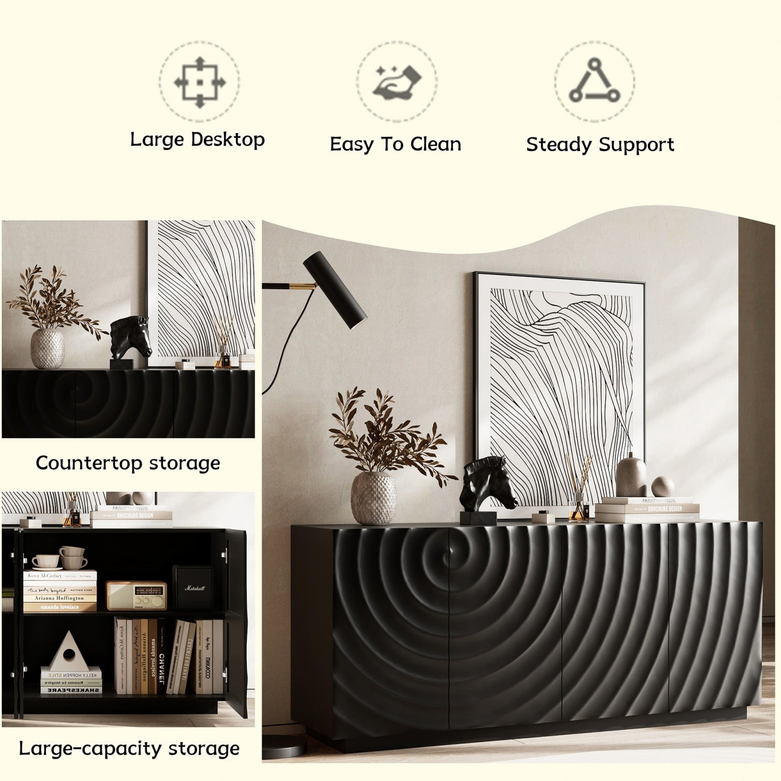 Modern 59" Buffet Cabinet with Storage, 4-Door Wave Textured Sideboard, Black Accent Console Table, Floor Standing Credenza for Living Room Kitchen, Black