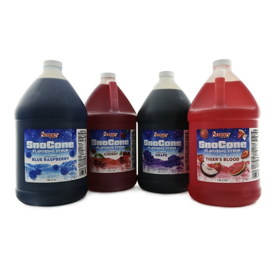 Snappy Sno Cone Syrup Variety Bundle, Blue Raspberry, Cherry, Grape and Tigers Blood, Flavored Syrup for Shaved Ice, 1 Gallon (128 oz), 4 Count