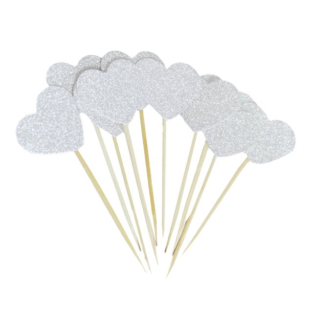 Xingzhi 30pcs Heart Shape Cake Toppers Insert Cards with Toothpick Cupcake Decorations - Frosted Silver
