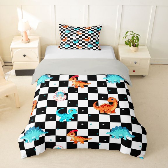 Manfei Cute Dino Animals Twin Duvet Cover,Dragon Checkerboard Twin Bedding,Black White,Navy Blue Reversible,1 Duvet Cover and 1 Pillowcase