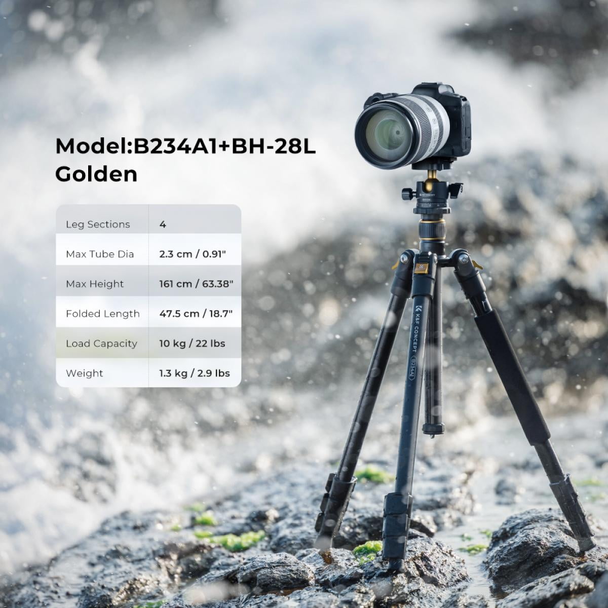 K&F Concept 64"/1.6m Lightweight Travel Tripod Compact Aluminum Alloy Tripod 10kg/22lbs Load Capacity with 28mm Metal Ball Head & Detachable Monopod Golden
