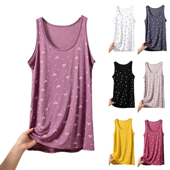 Asxite Plus Size Womens Pajamas Loose Breathable Sleeveless Crew Neck Soft Knit Bow Print Sleep Shirt
