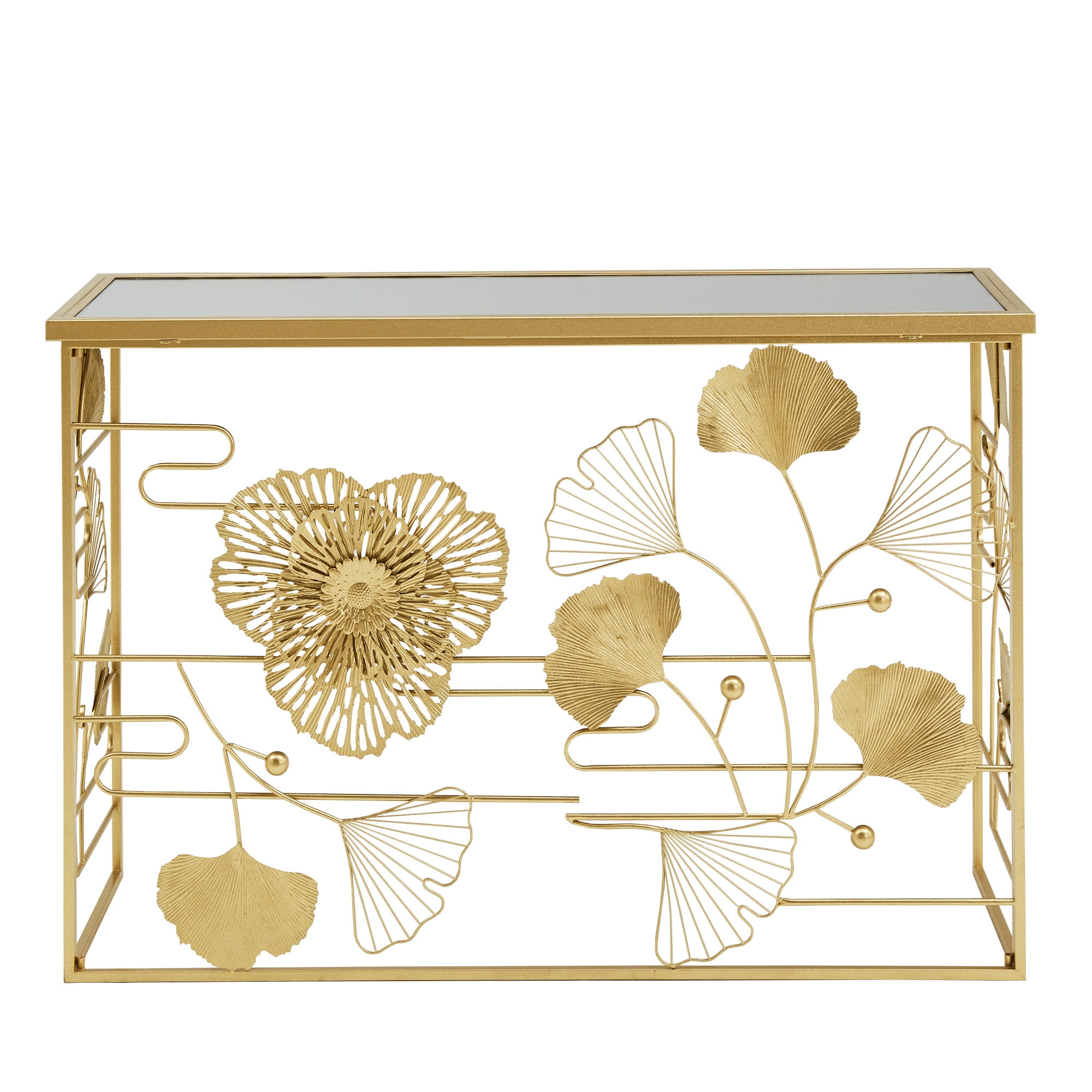 Weston Home Ditmas Gold Finish Peony and Ginkgo Console Table with Mirror Top