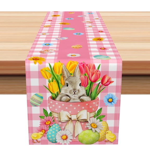 Dashan Easter Pink Table Runner,Cute Bunny Rabbit floral Linen Table Runner,Kitchen Decor Dining Table Settings 13x72 Inch
